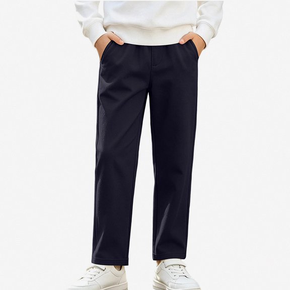SGFCWSX Boys Chino Pants, Straight Leg Fleece Lined Elastic Waist Warm Relaxed Fit Trousers with Pockets for Cold Weather Dark Blue Size 5T