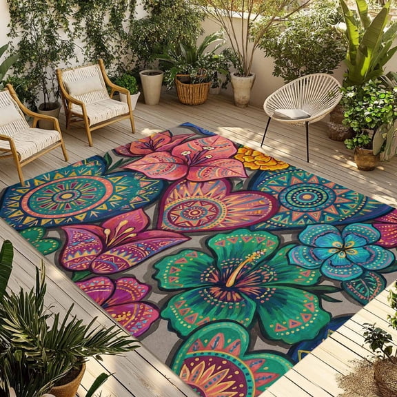 Colorful Abstract Floral Outdoor Rug for Patio/Deck/Porch, Non-Slip Large Area Rug 5 x 8 Ft, Farmhouse Vintage Flowers Boho Indoor Outdoor Rugs Washable Area Rugs, Camping Rug Carpet Runner