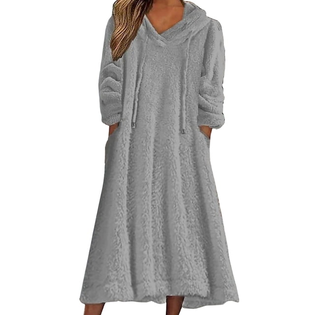 Prolriy Robe à Manches Longues pour Femmes Robe Décontractée Robe Ample à Capuche en Peluche Unie Robe Chandail à Poches Chandails Robes pour Femmes Gris m