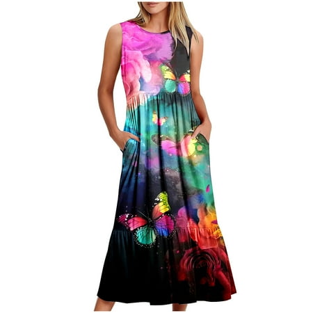 Wuchoa Summer Casual Loose Flowy Maxi Sundresses for Women Floral Print Sleeveless Pleated Tank Dress Beach Dresses Fashion Round Neck Elegant Black Dresses Clothes