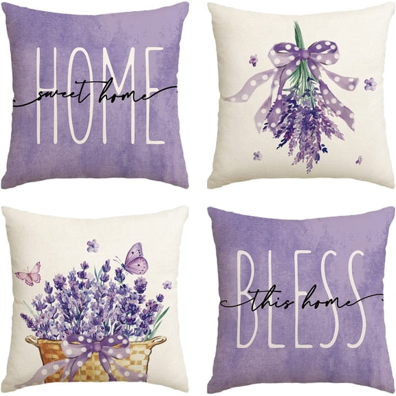 Lavender Home Sweet Home Bless This Home Spring Throw Pillow Covers, 18 x 18 Inch Purple Cushion Case for Sofa Couch Set of 4