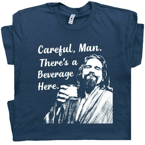 The Big Lebowski T Shirt Dude Abides Shirts Funny Cool Vintage 90s Movie Tee for Men Guys Quote Careful Man There's a Beverage Here