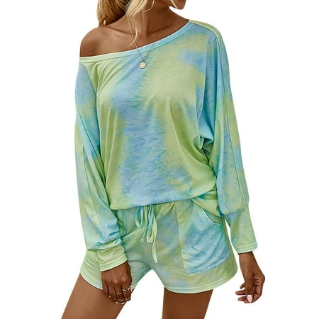 

HUBERY Women Round Neck Long Sleeve Tie Dye Pocket Drawstring Sleepwear Set
