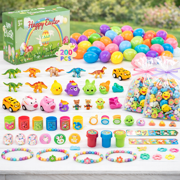 200 Prefilled Plastic Eggs with Assorted Mini Toys for Kids, Surprise Toy Assortment, Party Favors, Treasure Box Prizes, Classroom Rewards, Easter Egg Hunt Supplies, Ages 3