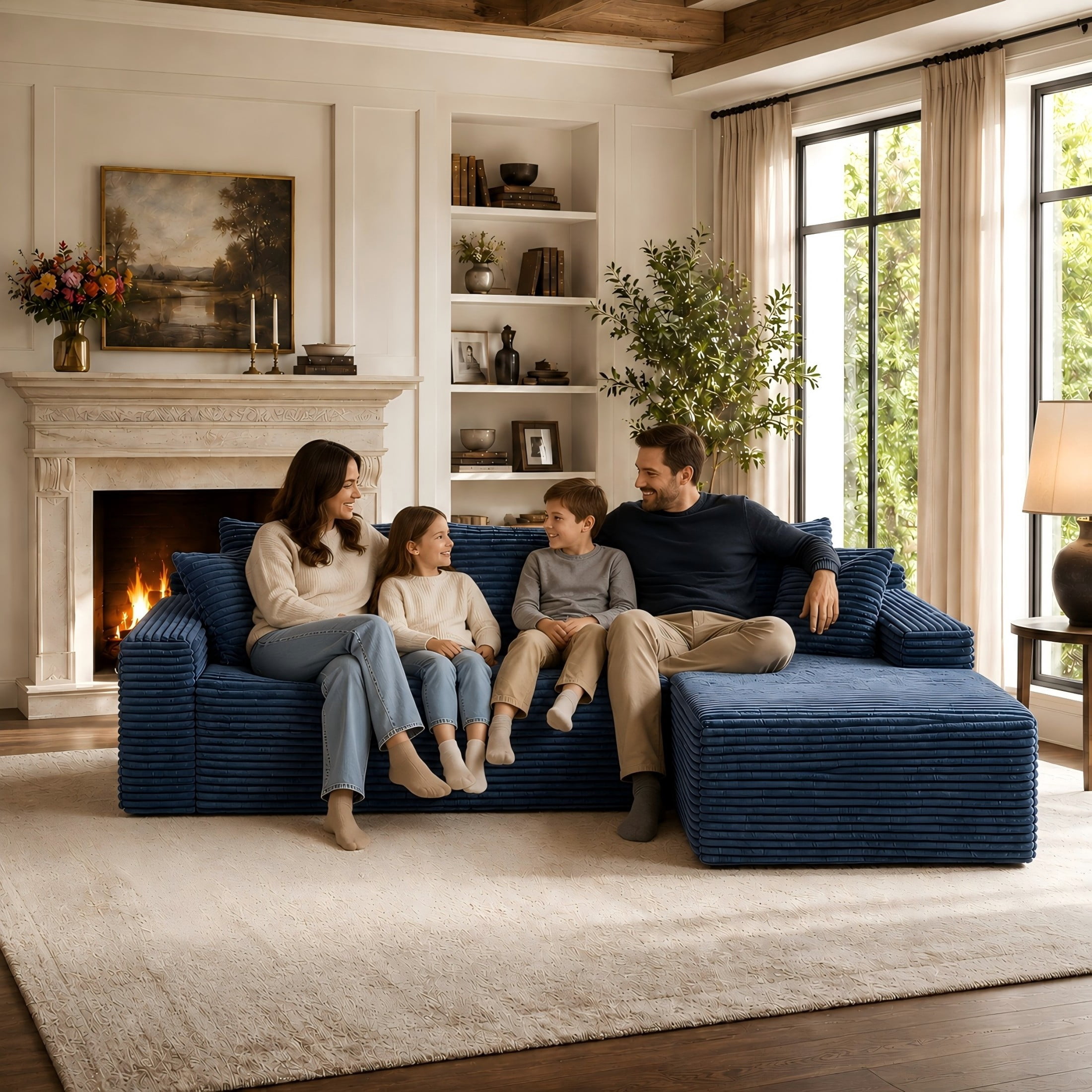 Aukfa 107" Cloud Modular Sectional Couch with Right-Facing Chaise, Corduroy Deep Seat Boneless Sofa for Living Room, Apartment, Blue