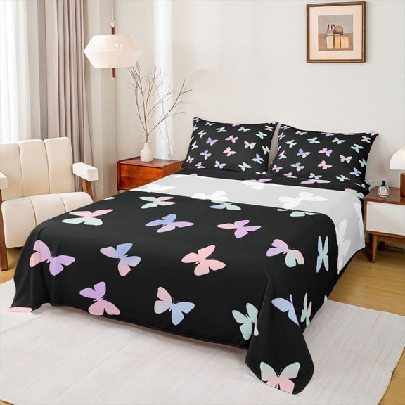 Homewish Gradient Colorful Butterfly Twin Sheet Sets,Cartoon Animal Twin Fitted Sheet,Rainbow Ombre Flat Sheet For Girl,Luxury Bedroom Decor,3pcs