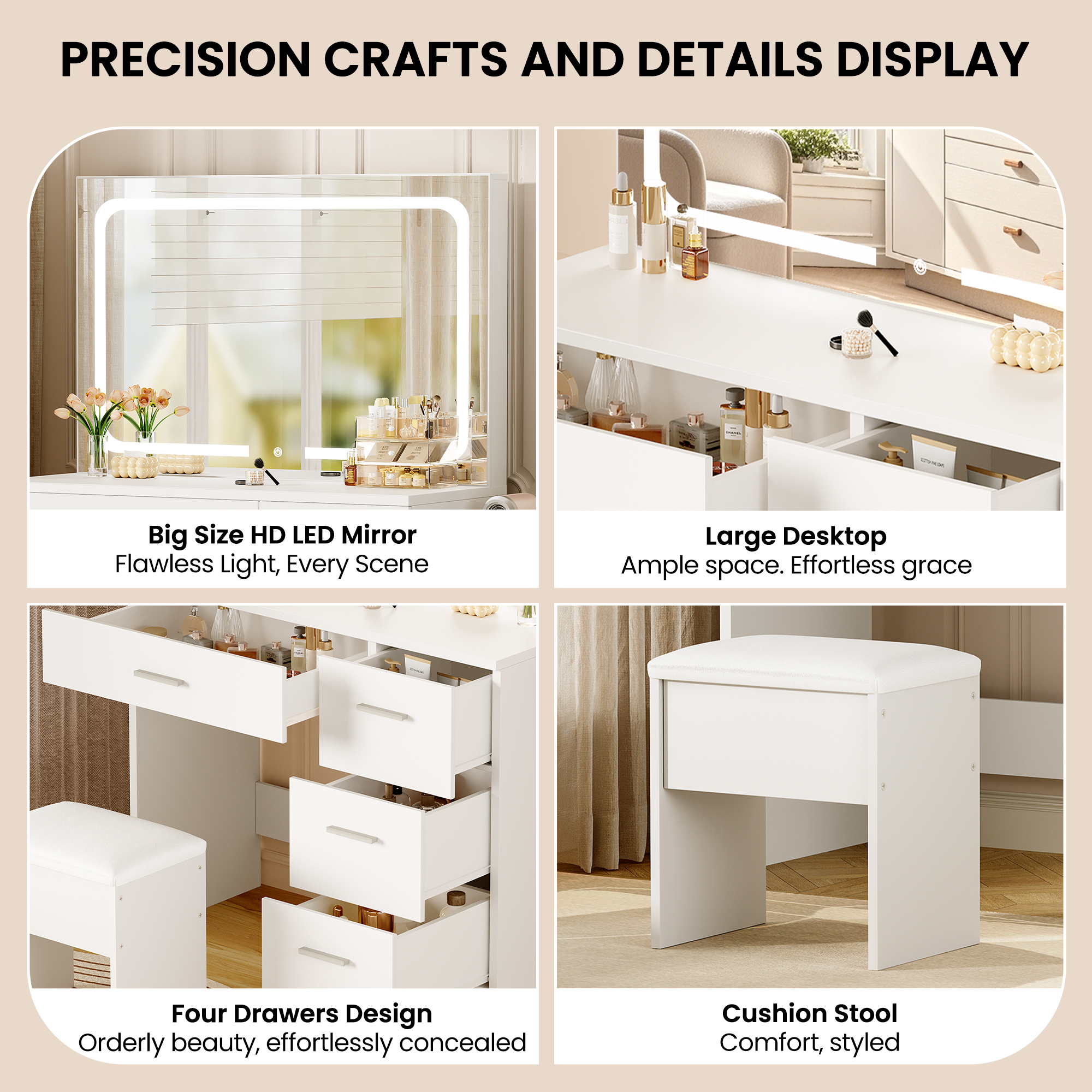 LIVELYGLOW Vanity Set with Mirror&Stool,Makeup Vanity Set with Power Outlet,Vanity Dressing Table with LED Light for Bedroom,White