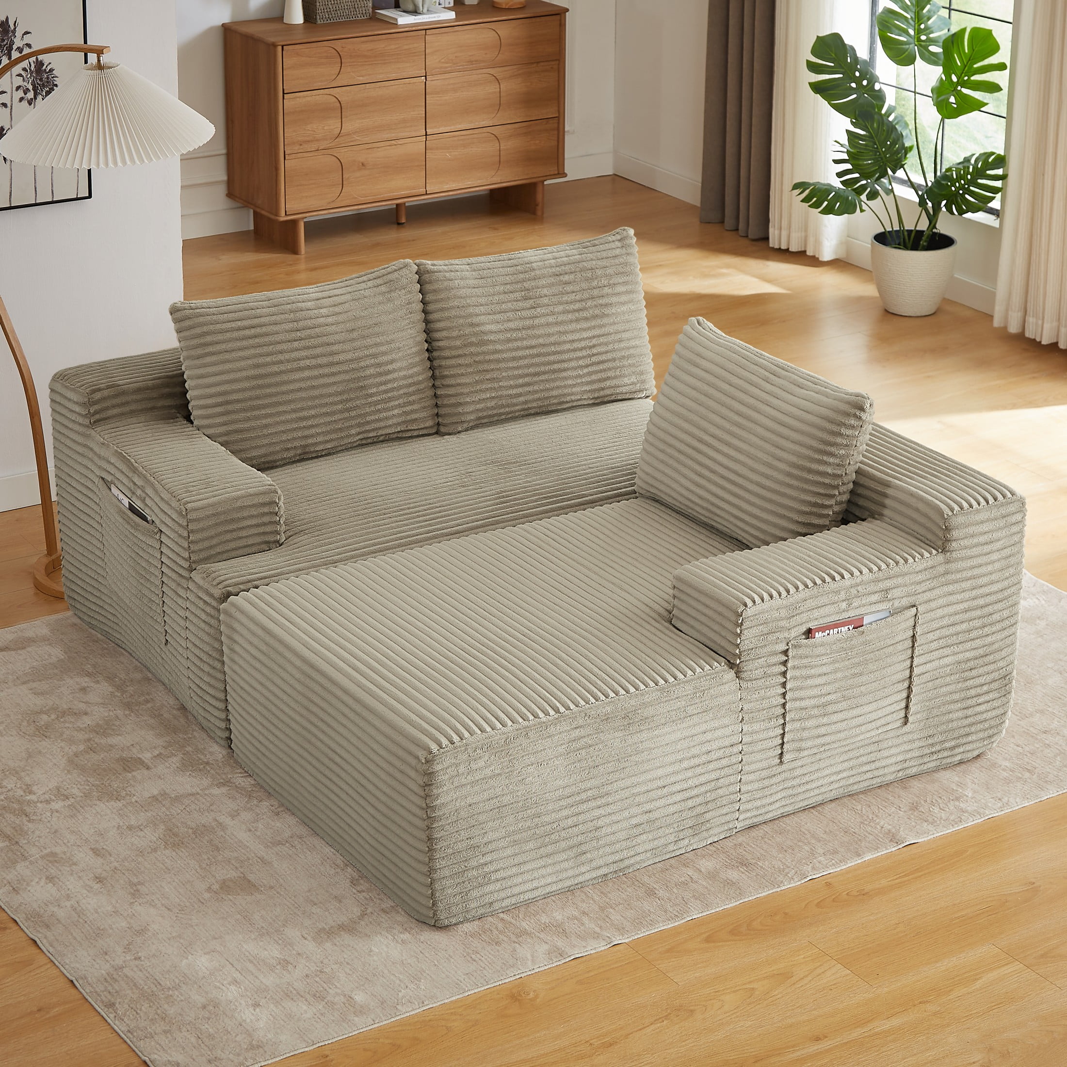 Aukfa 96" L-Shaped Cloud Sectional Sofa, Modular Boneless Couch with Deep Seat, Right-Facing Chaise, Corduroy Sleeper Sofa for Living Room, Camel