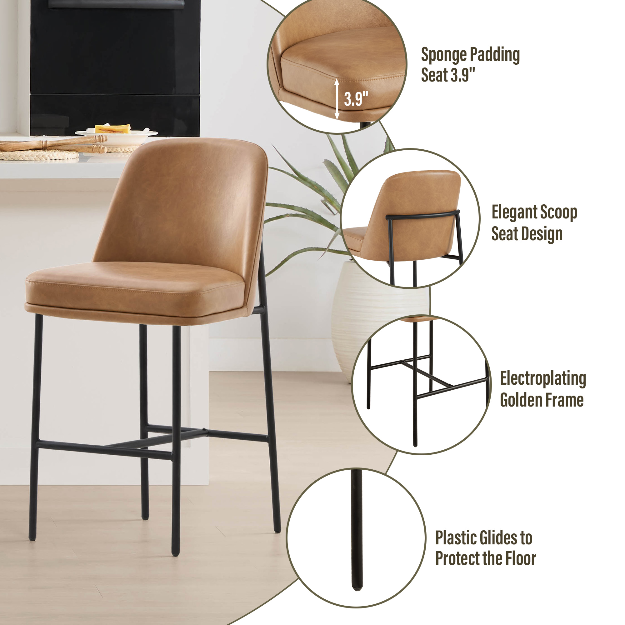 Spruce & Spring Modern 27-Inch Contemporary Counter Stool Set with Upholstered Seat and Metal Frame Set of 2, Cognac Faux Leather