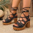 thumbnail image 6 of Samdudou Women's Sandals Open Toe Gladiator Lace Up Chunky Heel Ankle Wrap Rivet Studded Evening Party Summer Dating Vacation Dressy Ladies Fashion Footwear Outdoor Walking Essential Trendy, 6 of 9