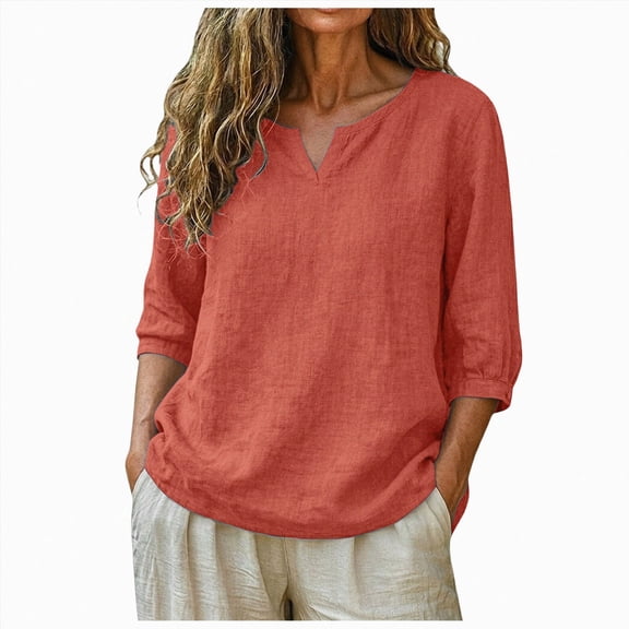 Womens 3/4 Sleeve Tops Cotton Linen Shirts Embroidered V Neck Boho Blouses Loose Fit Dressy Casual Tunic Top