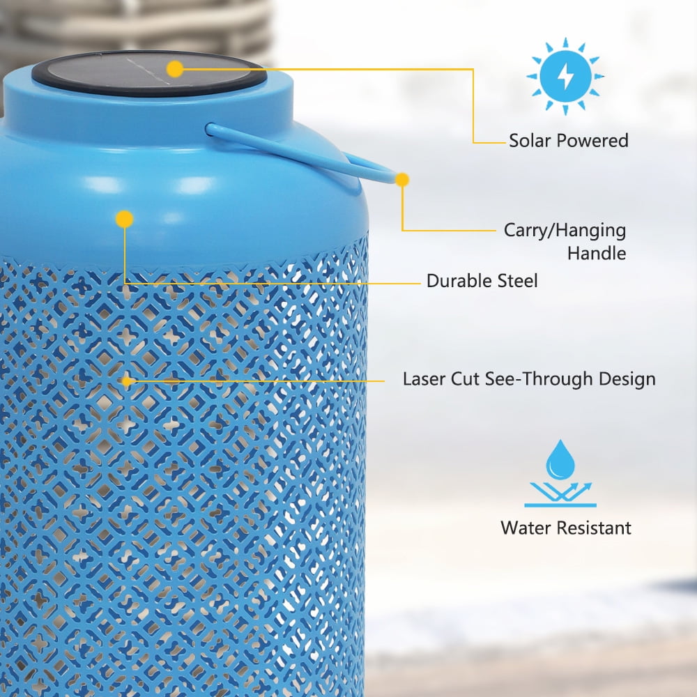 Abble Outdoor Solar Lantern Light Metal Decorative Light Patio Garden Lantern with Hollowed-Out Design Hanging Lantern- Aqua