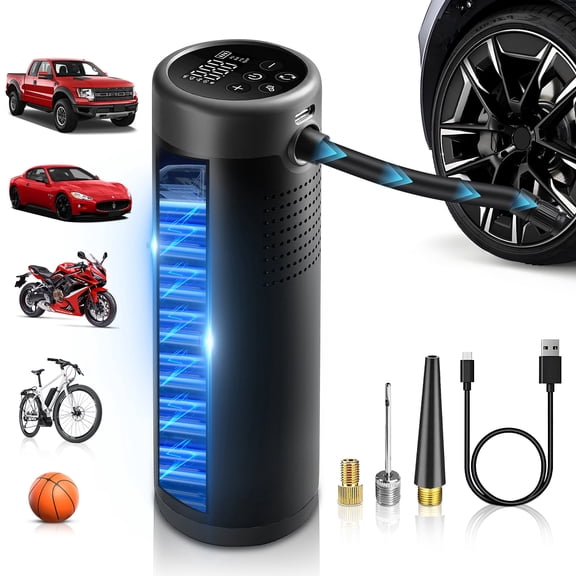 Cordless Portable Tire Inflator Air Compressor, 150PSI, 5200mAh, digital gauge & LED light, black. Fits cars, motorcycles, bikes, balls, includes multi nozzles USB charging cable