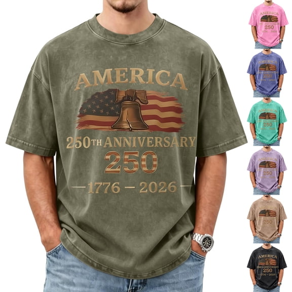 250th Anniversary National Flag Print Men Shirts, Casual CrewNeck Short Sleeves Men Shirts Liberty Bell Patriotic T-Shirt, 250 Years Usa Birthday Graphic Tees Mens Tops Army Green L