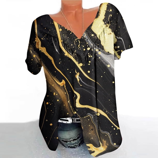 Fiudx Ropa de Mujer Blusa Estampada con Cuello En V y Mangas Cortas Informales para Mujer a La Moda, Blusas con Pliegues