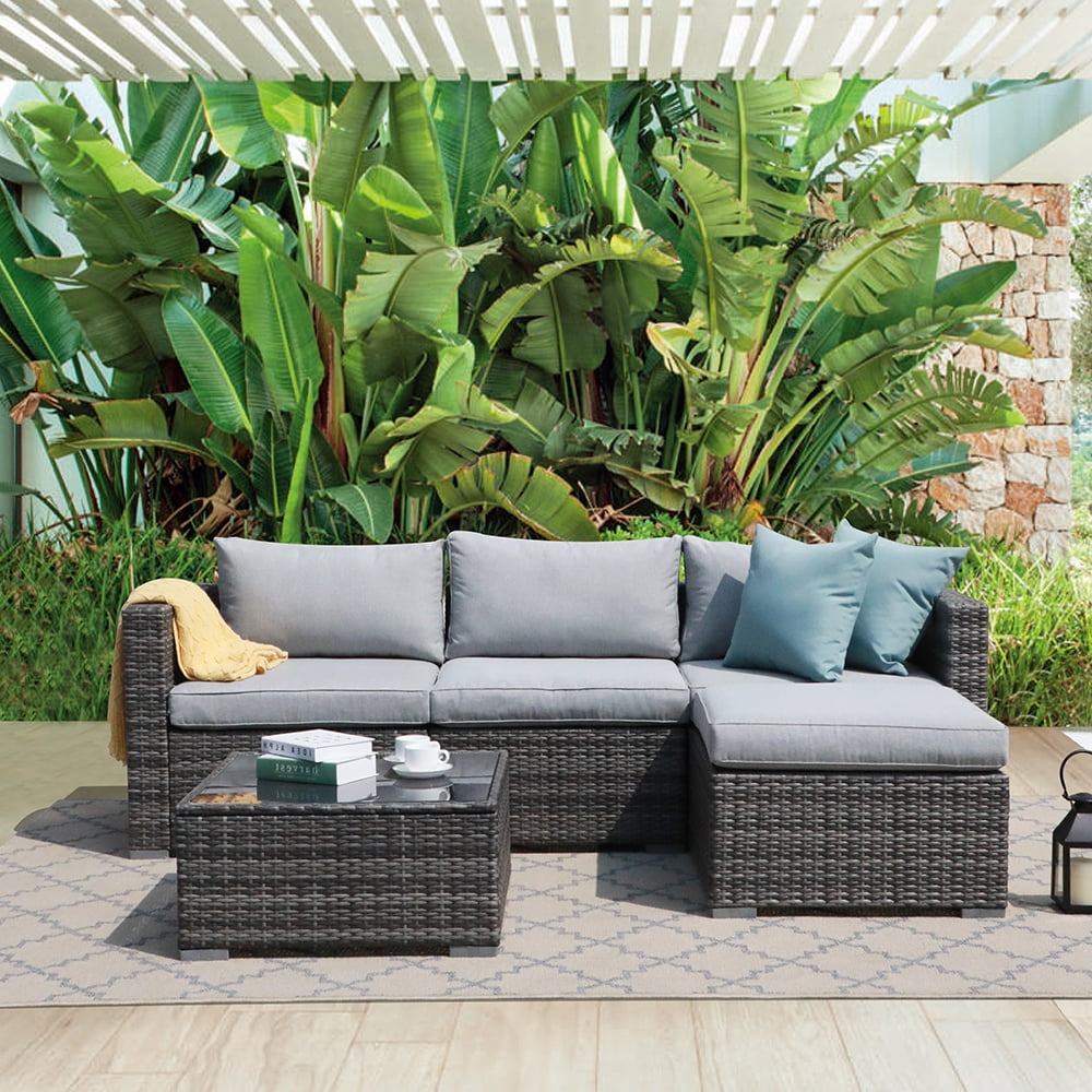 All-Weather Wicker Patio Sectional Sofa Set with Glass-top Coffee Table Beige Corner & Table Corner Sofa Chair Patiorama 2 Piece Outdoor Patio Furniture Set 