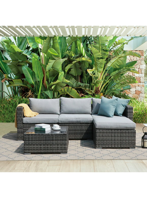 Patiorama 5-Piece Patio Furniture Set, Outdoor Sectional Conversation Set, All-Weather Grey PE Wicker with Light Grey Cushions, Backyard Porch Garden
