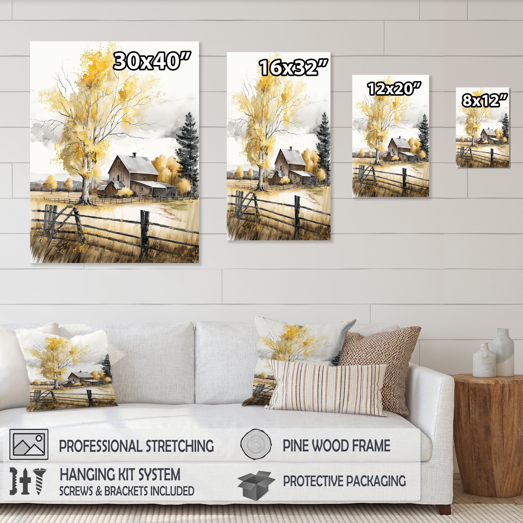 Designart Yellow Barn In Spring VIII Canvas Wall Art