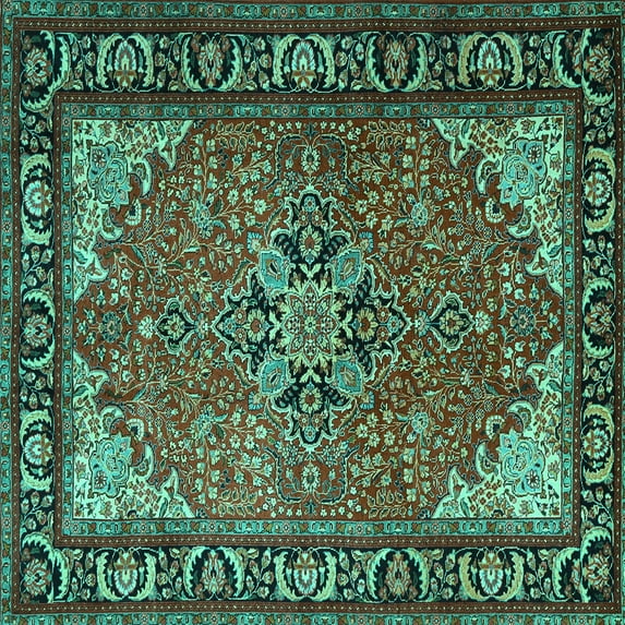 Ahgly Company Machine Washable Indoor Square Persian Turquoise Blue Traditional Area Rugs, 5' Square