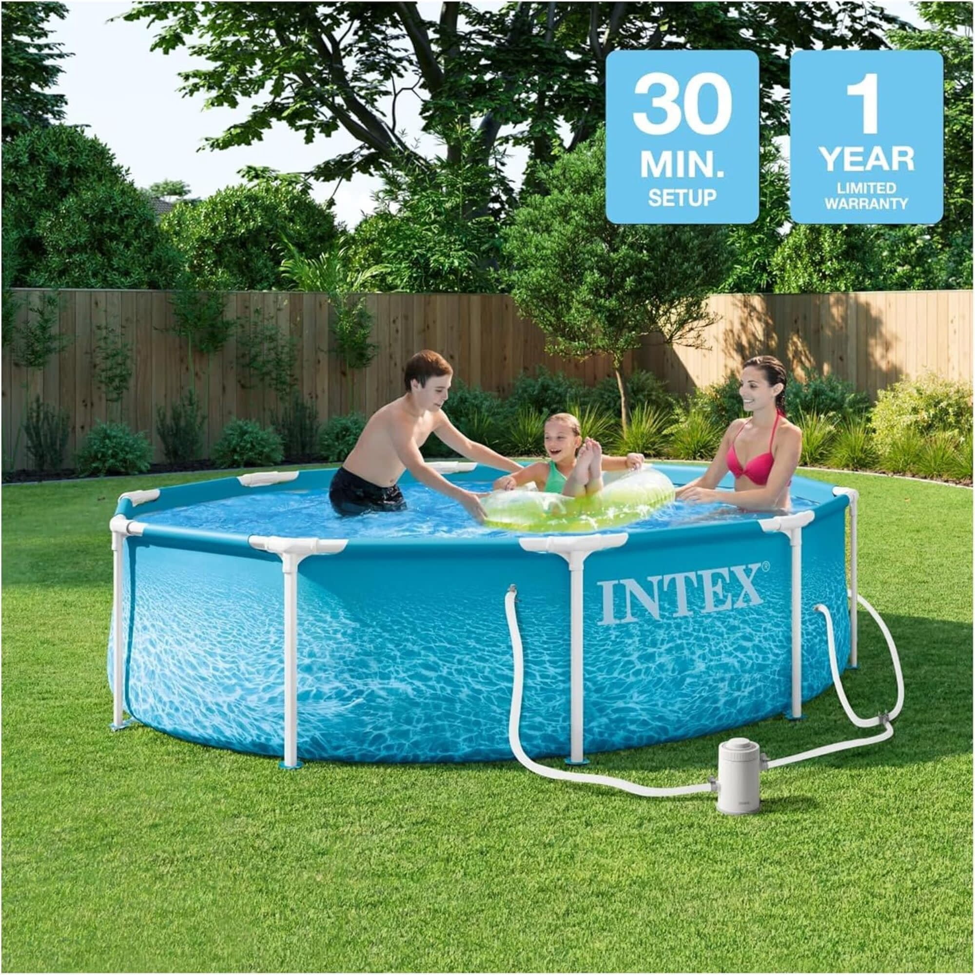 Intex: Beachside Metal Frame Pool & Pump - 10' x 30" - Above Ground Swimming Set, 330 GPH, Puncture-Rust Resistant, T-Joint Setup, 1185 Gal, 28207EP