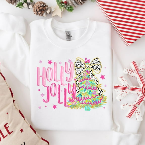 Holly Jolly Sweatshirt | Pink Christmas Tree Bow Design | Festive Holiday Pullover