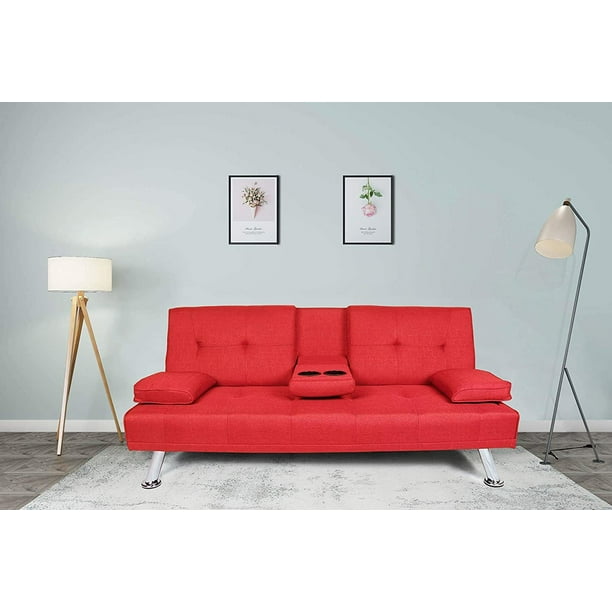 Futon Sofa Bed Modern Faux Leather, Red Leather Fabric Couches
