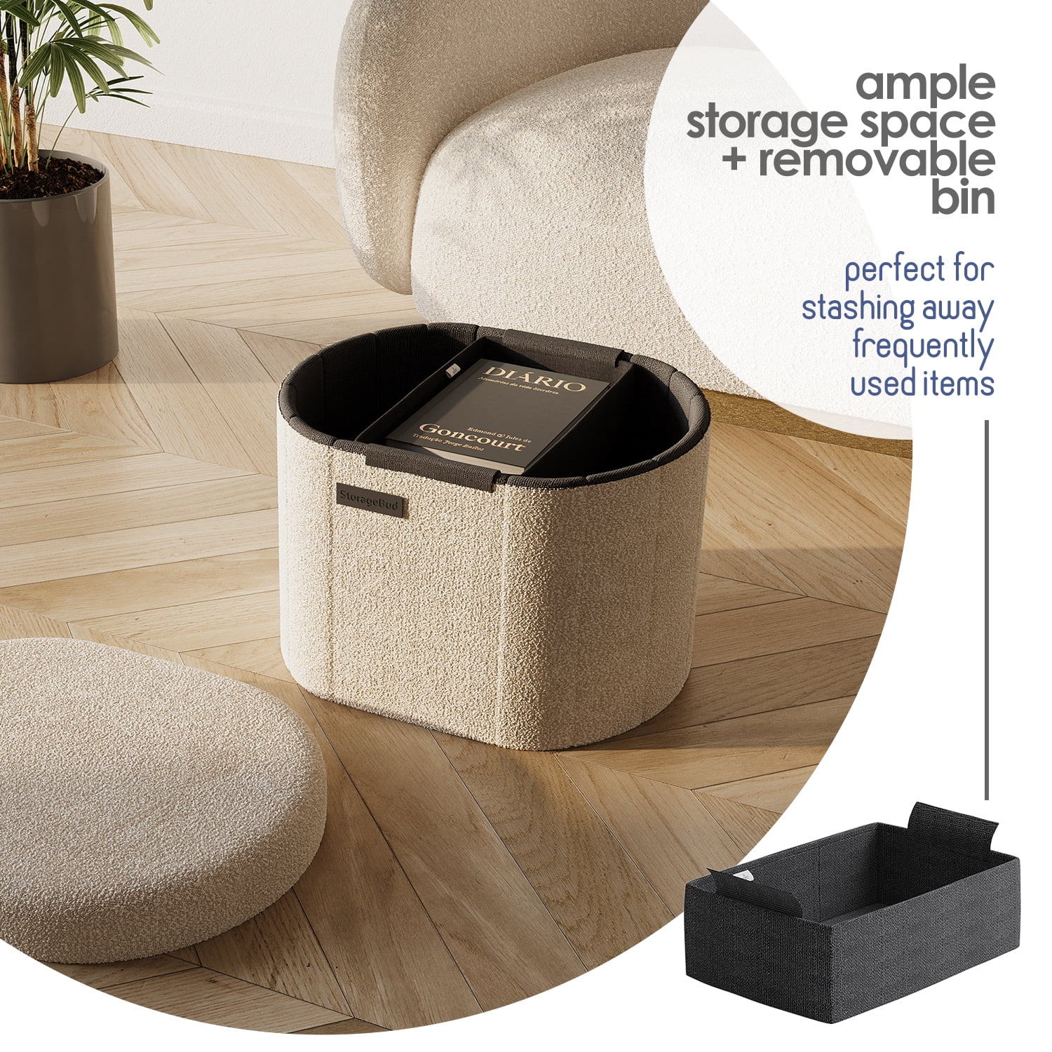 Hearth & Harbor Oval Storage Ottoman Bench, Boucle 18" Ottoman with Storage , Beige