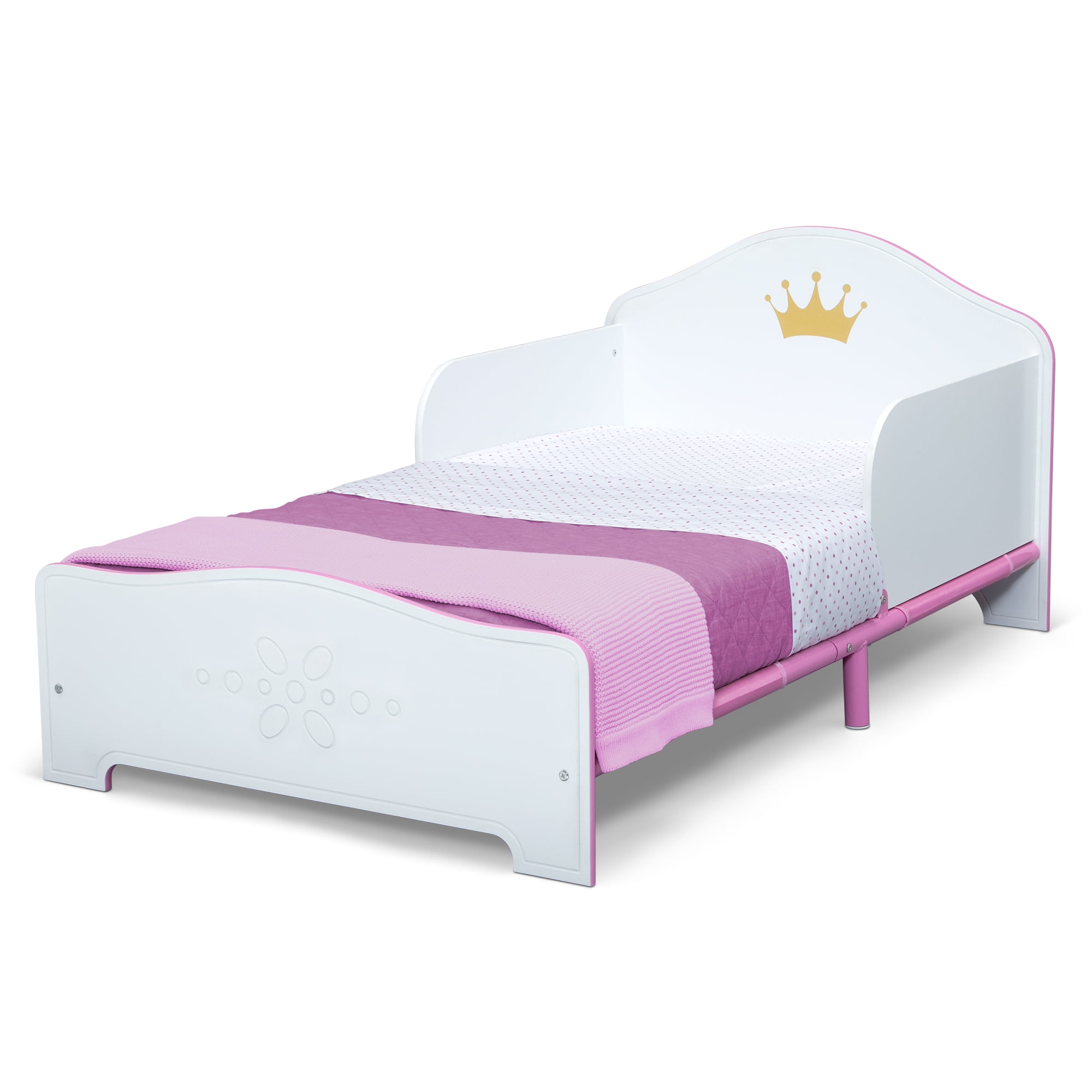 Delta Children Princess Crown Wood Toddler Bed with Fabric Mattress Support, Greenguard Gold Certified, White/Pink