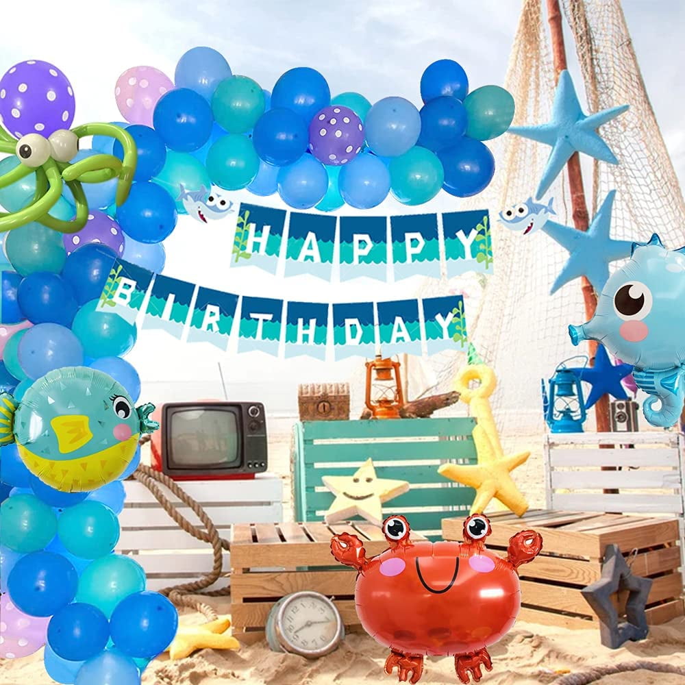 Yansion Blue Sea Party Decoration,Under the Sea Fish Ocean Theme Birthday Baby Shower Decorations for Kids Girls and Boys Marine Animals Dolphin Shell Starfish Beach Balloon with Happy Birthday Banner