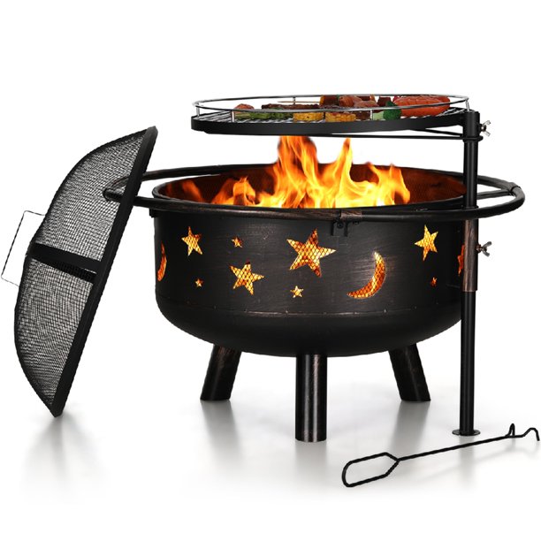 Sophia & William 30 Inch Outdoor Wood Burning Fire Pit with Swivel BBQ