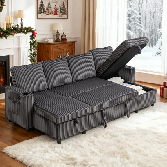 YSICK 102" Plush Corduroy Sleeper Sofa Bed with Storage Chaise Couch, Pull Out Couch Bed with USB & Type-C Ports U Shaped Sectional Couches for Living Room, Apartment, Dark Grey