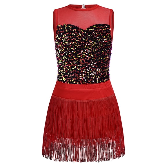 IBTOM CASTLE Girls Jazz Latin Sparkle Sequins Dance Outfit Crew Neck Sleeveless Bodysuit with Tassel Fringe Skirt Two Piece Set 5-6T Red