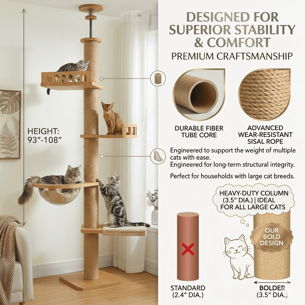 Mekidulu 9ft Floor to Ceiling Wood Cat Tree, 95"-108" Adjustable Height Tower with 4.3" Thick Posts, Brown