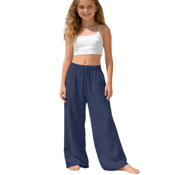 Hudaneo Girls Linen Pants Wide Leg Pants Elastic Waist Lightweight Flowy Boho Beach Vacation Lounge Trousers, Blue 14-15 Years