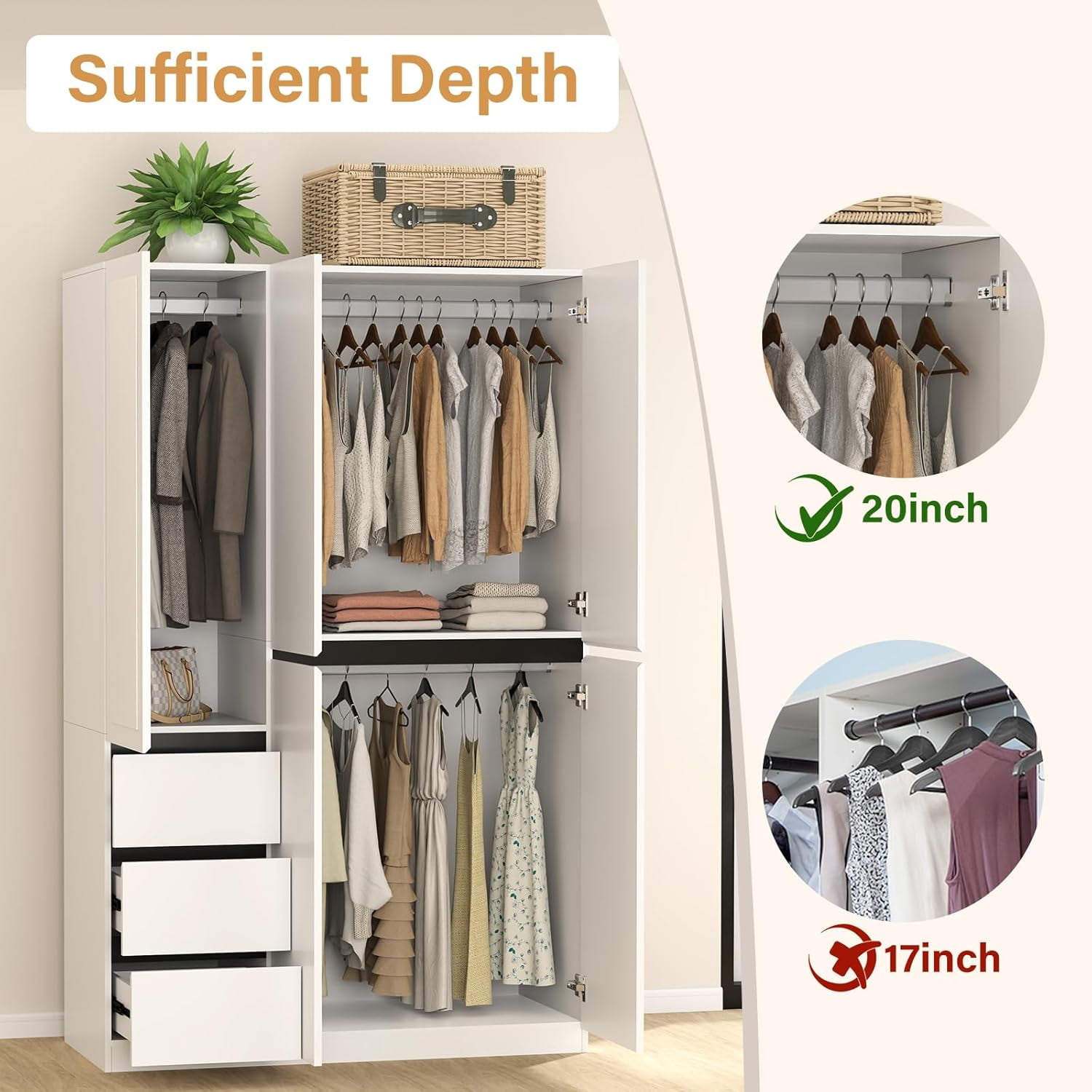 VINFORM 75" Armoire Wardrobe Closet with Mirror, Wardrobe Armoire with 3 Drawers, 5 Door Wood Armoire Storage with Hanging Rods and Multi-Layer Shelves for Bedroom, Guest Room (White)