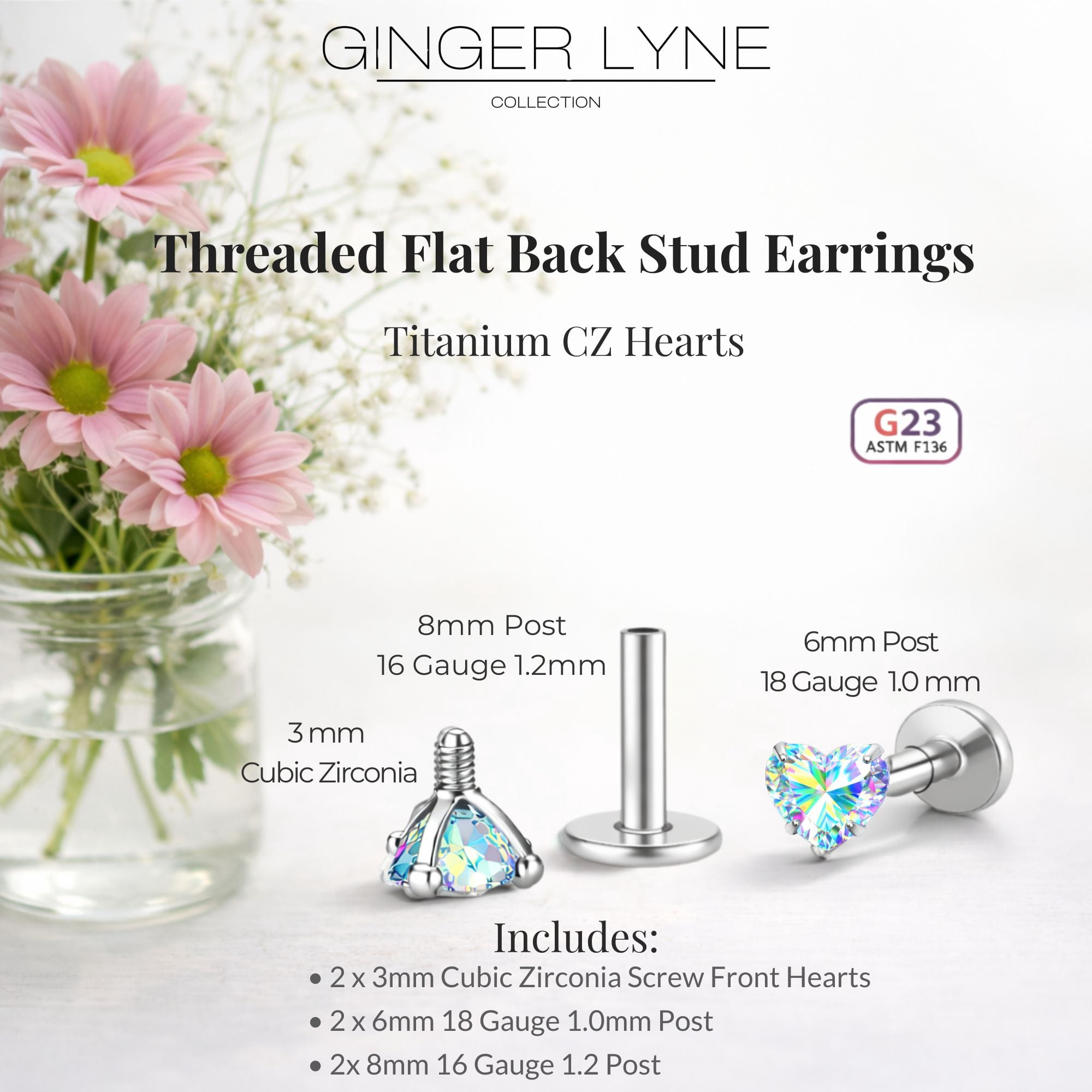 Small Heart CZ Solitaire Flat Back Stud Earrings Titanium Body Piercings by Ginger Lyne 2 Sets Post 6mm 8mm