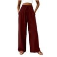 thumbnail image 2 of Cutuoiiu Pants for Women Solid Color Loose Wide Leg Casual Pants Smocked High Waist with Drawstring Side Pocket Lightweight Spring Fall Summer Beach Daily Wear, 2 of 7