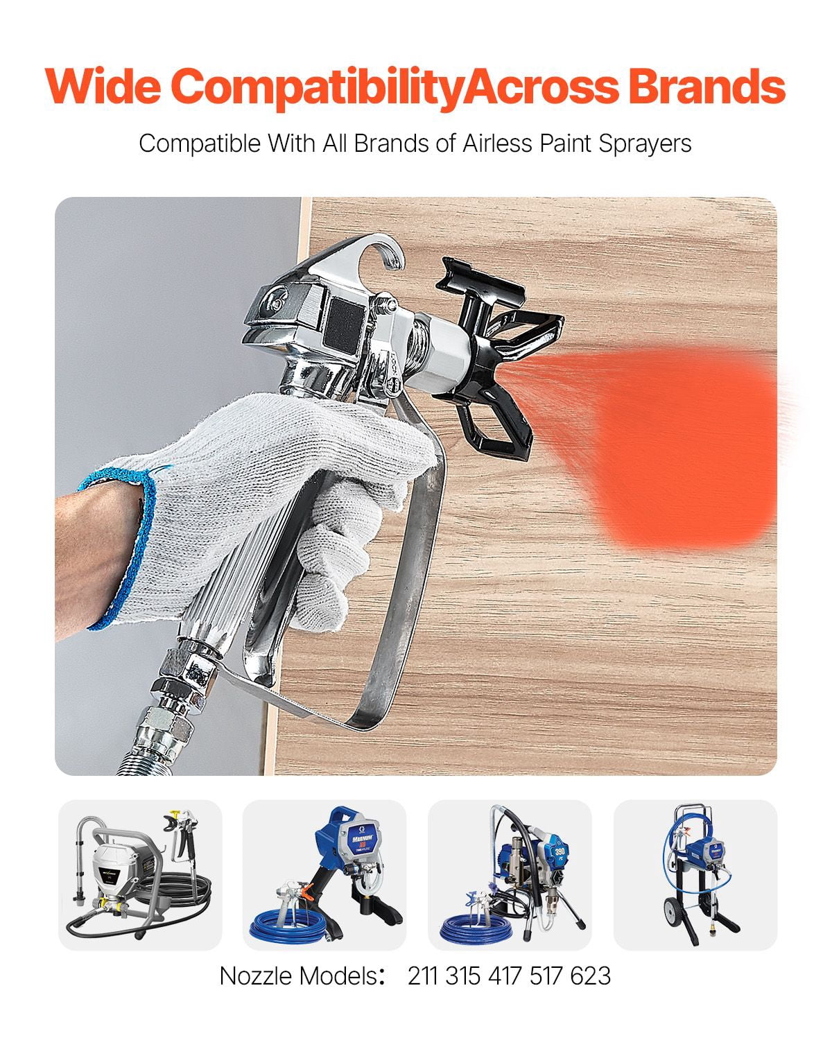 Airless Paint Sprayer Gun, 3600 PSI High-Pressure with Stainless Steel Nozzle, Compatible with 211/315/417/517/623 Nozzles, Professional Paint Gun for Home and Construction