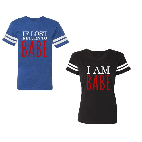 IF Lost Return To Babe I am Babe Unisex Couple Matching Cotton Jersey style T-Shirt Contrasting stripes on sleeves (Men Royal / Women Black) (Men S / Women S)