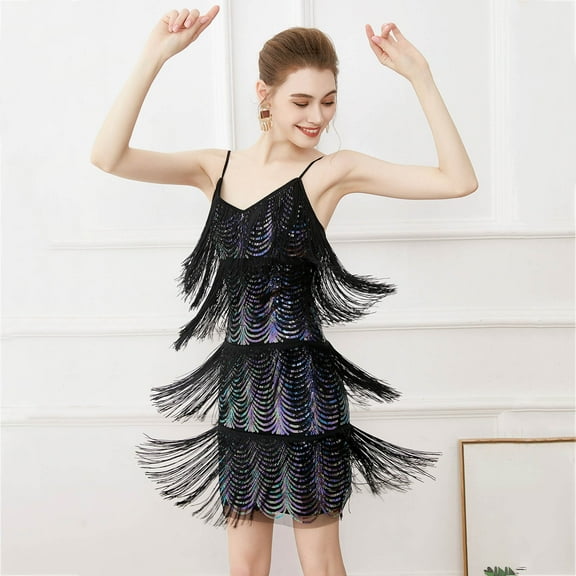 Sentmoon Strappy Cocktail V Neck Fall Dresses for Women 2024 Sequins Vintage Tassel Short Dresses,Loose Flowy Trendy Womens Fashion Black S