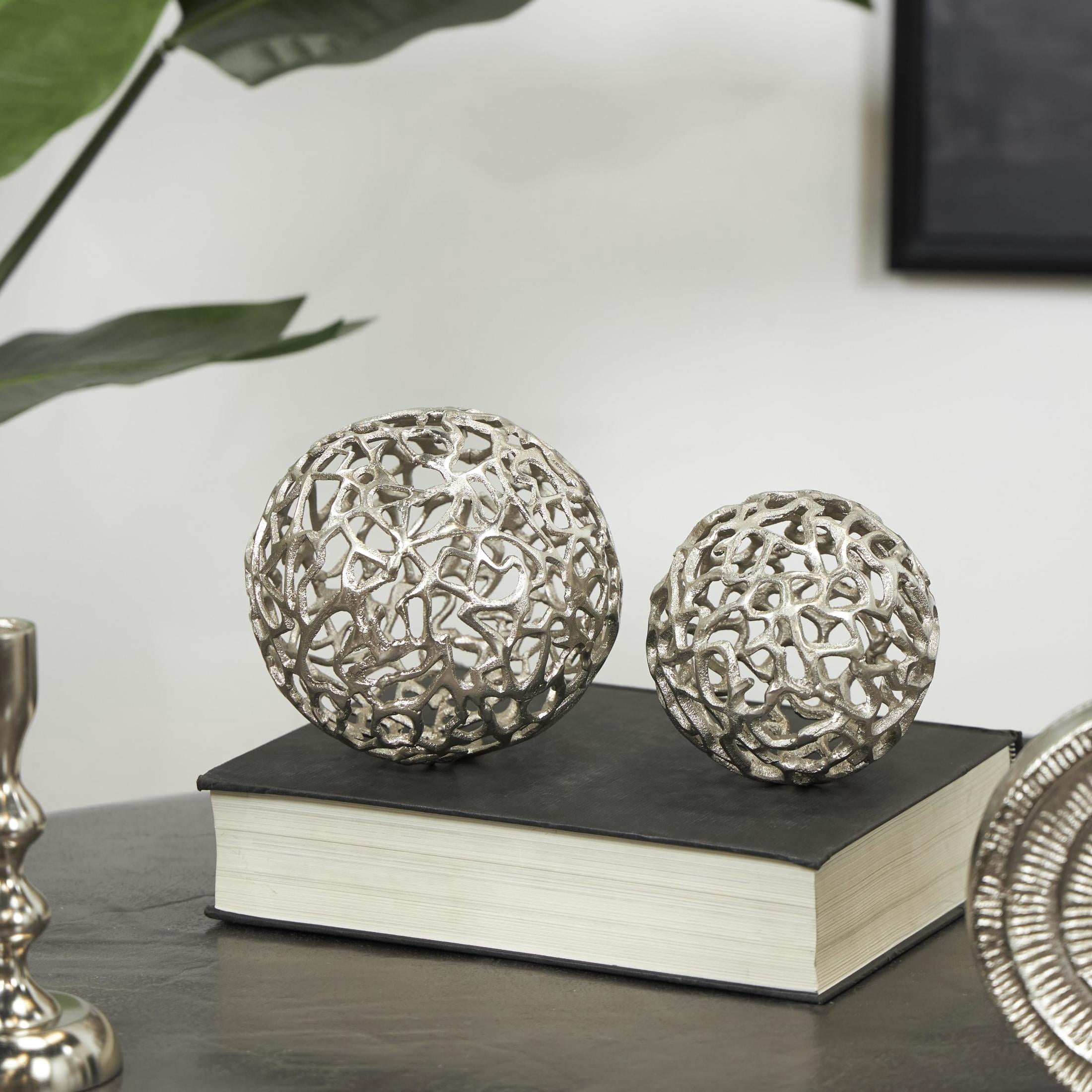 DecMode Silver 6" Coral Aluminum Metal Orbs & Vase Filler with Open Lattice Work (2 Count)