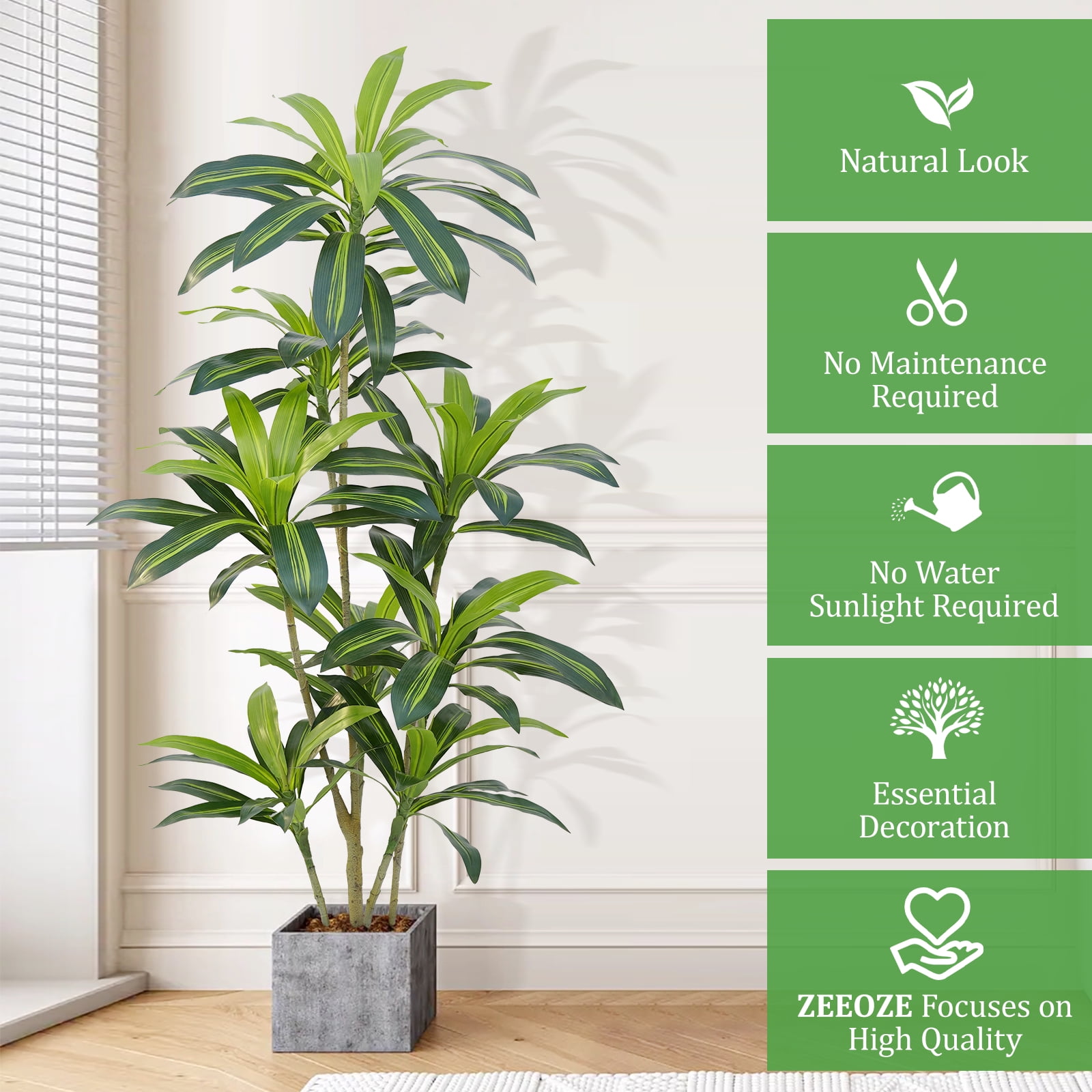 Dracaena Plant Artificial Tree 5Ft Tall Fake Tropical Floor Plants Potted (Real Touch) Artificial Silk Tree Leaf Faux Trees Black Tall Planter for Home Office Living Room Indoor Outdoor Decor