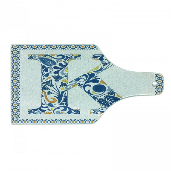 Letter K Cutting Board, Abstract Leaves and Blooms and Capital Initial K Ornate Alphabet, Decorative Tempered Glass Cutting and Serving Board, Wine Bottle Shape, Blue Yellow Orange, by Ambesonne