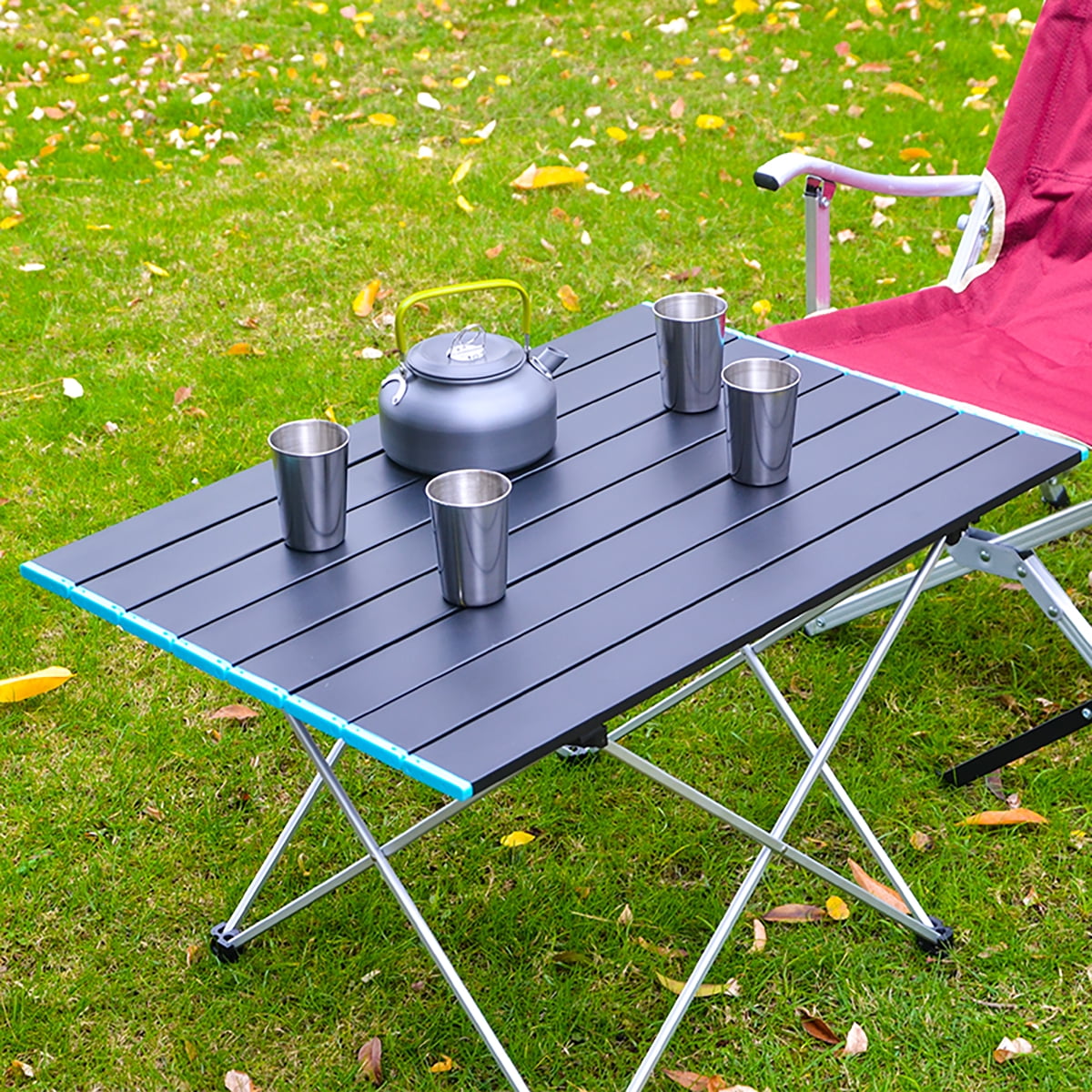 Fishing and Travel Silver, 1x BBQ Camping Table,Fold Up Table,Portable Compact Roll Top Aluminum Table,Lightweight Picnic Table with Carry Bag for Hiking 