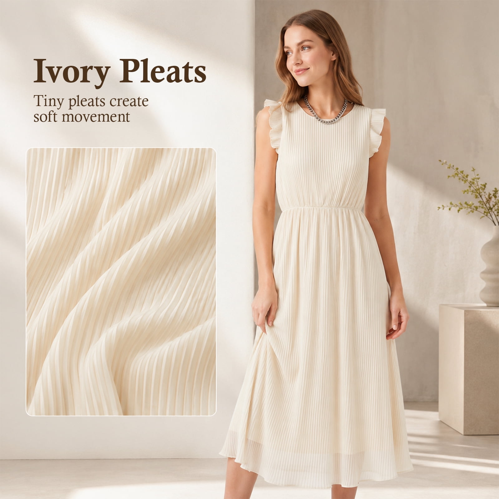 Alvantor Women's Ruffle Sleeve Midi Dress with Pleated Overlay, Ivory