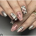 thumbnail image 2 of Pink Christmas Fake Nail Elk Element Festive Nail Set New Stripes and Plaid 24Pcs, 2 of 9