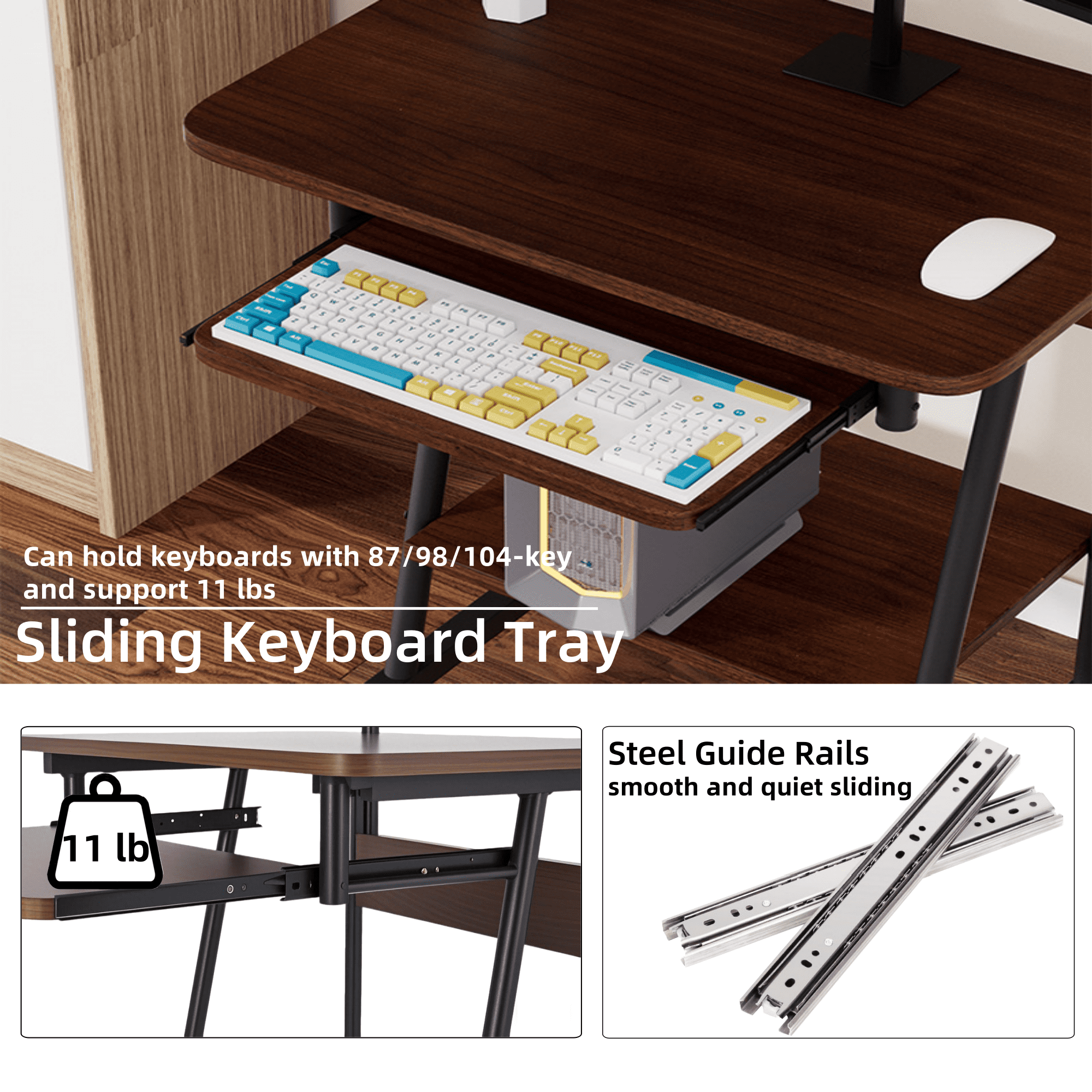 VGBYUJ Rolling Computer Desk, 3 Tier Mobile Computer Desk with Keyboard Tray & Print Shelf for Small Space, Home Office, Brown
