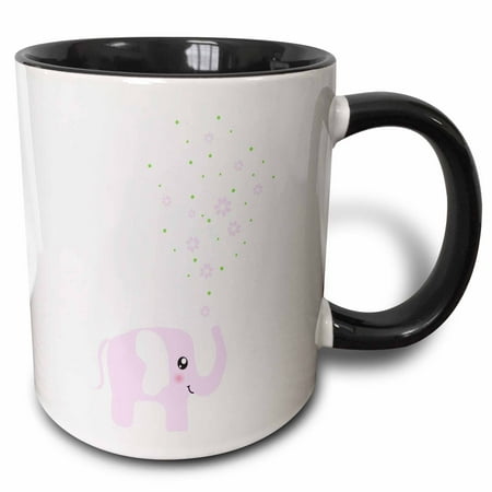 Flowers Baby Nursery (3dRose Cute pink elephant blowing flowers from trunk - girly kawaii kids nursery animal baby girl cartoon - Two Tone Black Mug,)