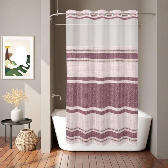 Red Wide Center Band Shower Curtain, Rustic Minimalist Pink Stripe Line Texture Waterproof No Hooks Bath Shower Curtain with See Through Top Window for Bathroom Bathtub 36x72in
