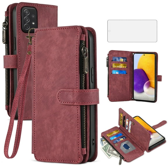 Asuwish Compatible with Samsung Galaxy A72 5G/4G Wallet Phone Case and Tempered Glass Screen Protector Faux Leather Flip Credit Card Holder Stand Zipper Slot Cell Cover for A 72 G5 72A S72 Women Red